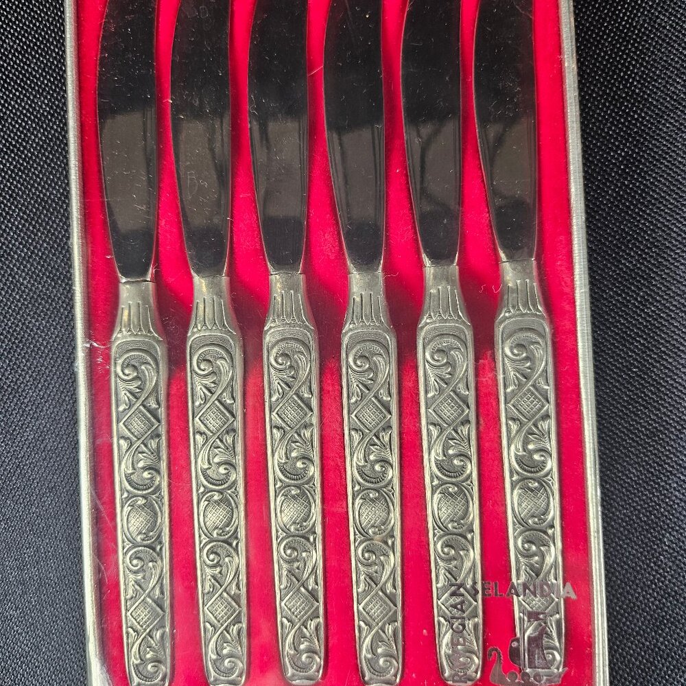 Rare Mid Century Norwegian Selandia Boxed Set of 6 Pewter Butter Knives